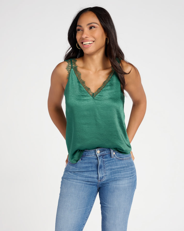 Hunter Green $|& Skies Are Blue Lace Trim Cami Top - SOF Front