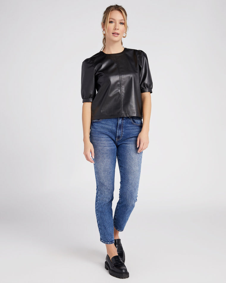 Black $|& Vigoss Faux Leather Short Sleeve Top - SOF Full Front