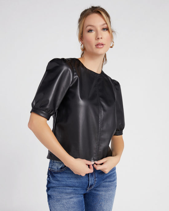 Black $|& Vigoss Faux Leather Short Sleeve Top - SOF Front