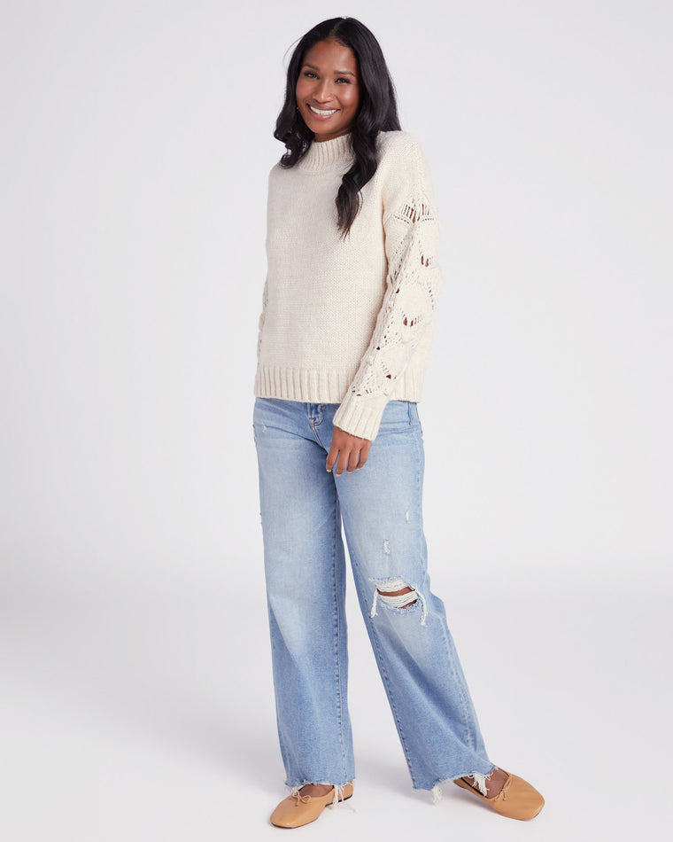 Oatmeal $|& Skies Are Blue Ribbed Mock Neck Sweater with Sleeve Detail - SOF Full Front