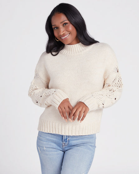 Ribbed Mock Neck Sweater with Sleeve Detail