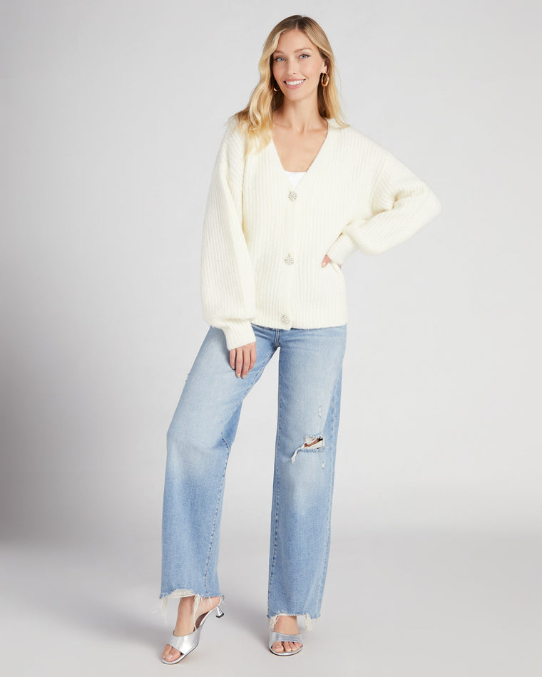 Cream $|& Skies Are Blue Balloon Sleeve Cardigan with Jewel Button - SOF Full Front