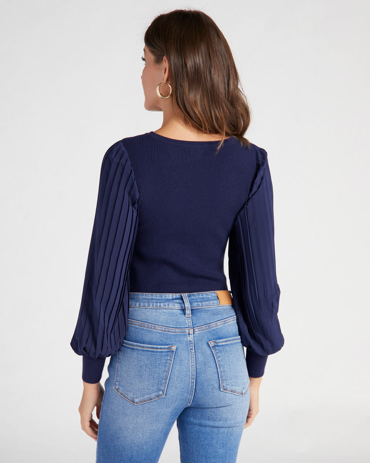Navy $|& Skies Are Blue Mixed Media Pleated Sleeve Sweater Top - SOF Back