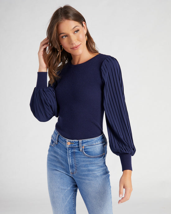 Navy $|& Skies Are Blue Mixed Media Pleated Sleeve Sweater Top - SOF Front