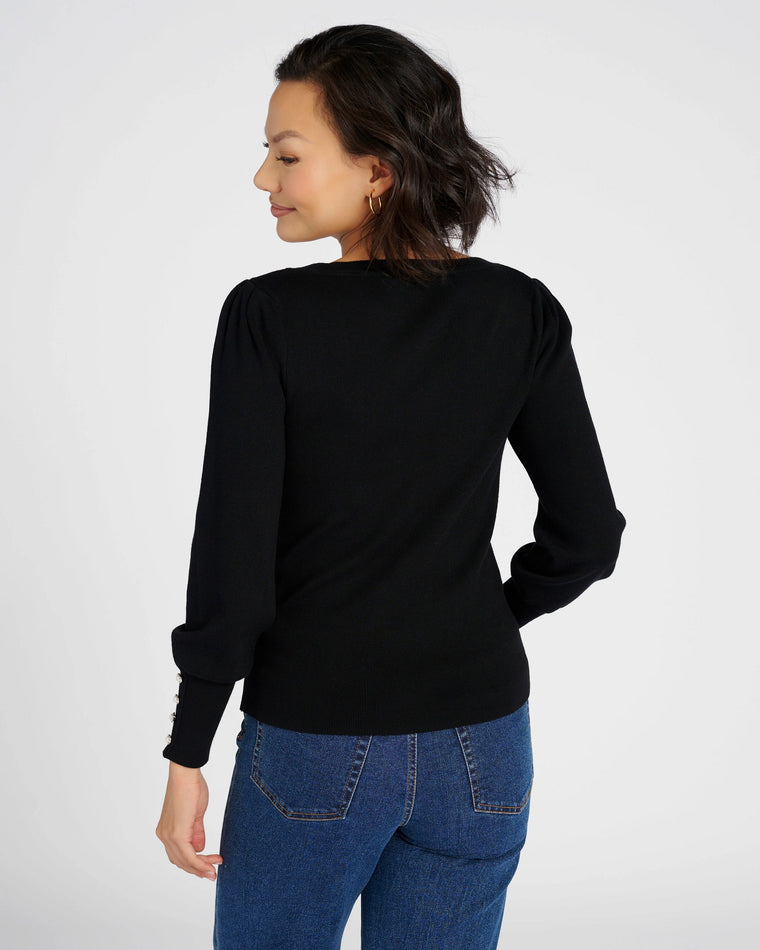 Black $|& Skies Are Blue Knit Sweater with Jewel Sleeve Detail - SOF Back
