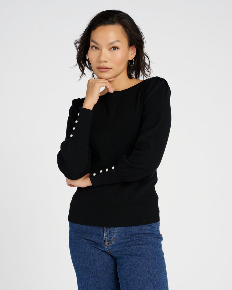 Black $|& Skies Are Blue Knit Sweater with Jewel Sleeve Detail - SOF Front