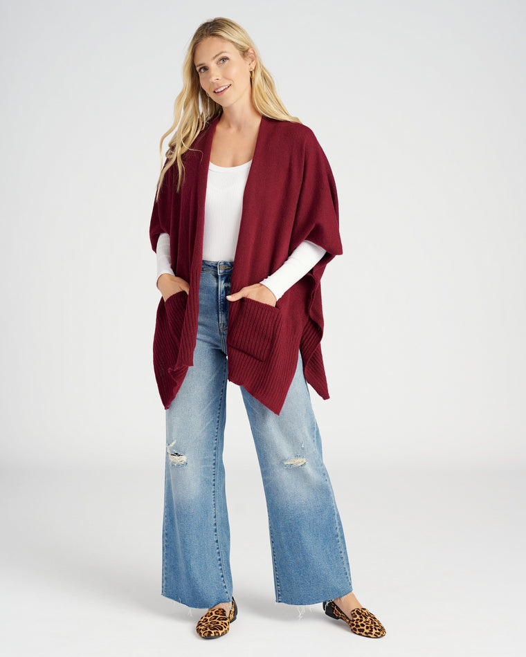 Burgundy $|& Elegant Essence Solid Color Knit Vest with Pocket - SOF Full Front