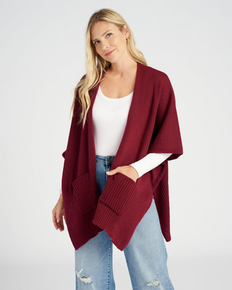 Burgundy $|& Elegant Essence Solid Color Knit Vest with Pocket - SOF Front