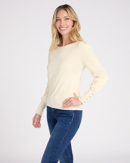 Cream $|& Skies Are Blue Knit Sweater with Jewel Sleeve Detail - SOF Front