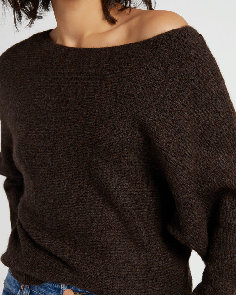 Espresso $|& Skies Are Blue Off The Shoulder Ribbed Knit Sweater - SOF Detail