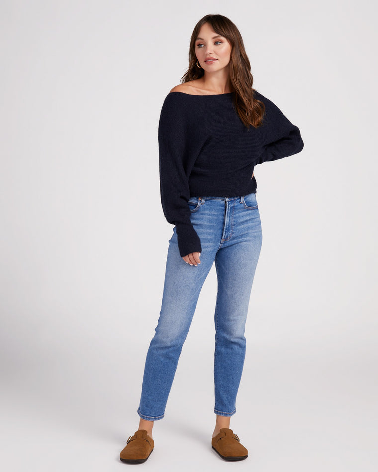 Navy $|& Skies Are Blue Off The Shoulder Ribbed Knit Sweater - SOF Full Front