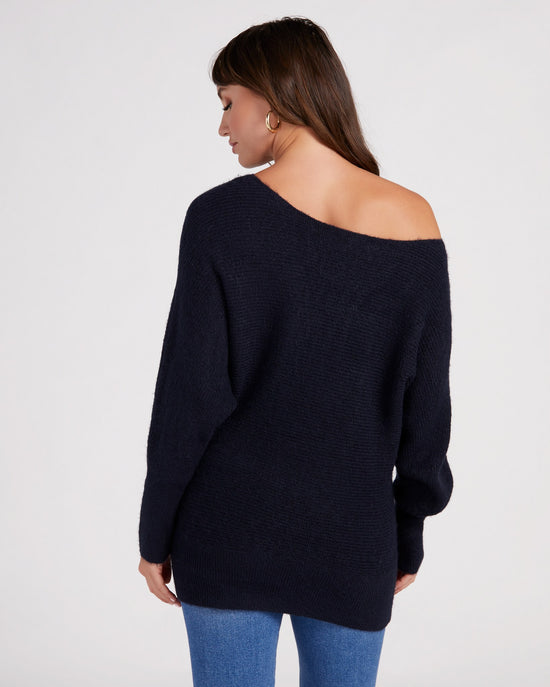 Navy $|& Skies Are Blue Off The Shoulder Ribbed Knit Sweater - SOF Back