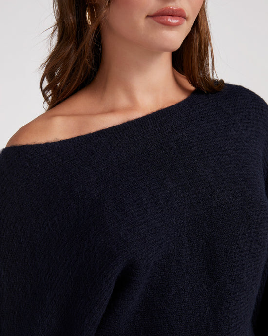 Navy $|& Skies Are Blue Off The Shoulder Ribbed Knit Sweater - SOF Detail
