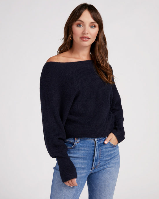 Navy $|& Skies Are Blue Off The Shoulder Ribbed Knit Sweater - SOF Front