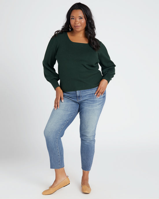 Gemstone Green $|& Skies Are Blue Plus Long Sleeve Square Neck Sweater Top - SOF Full Front