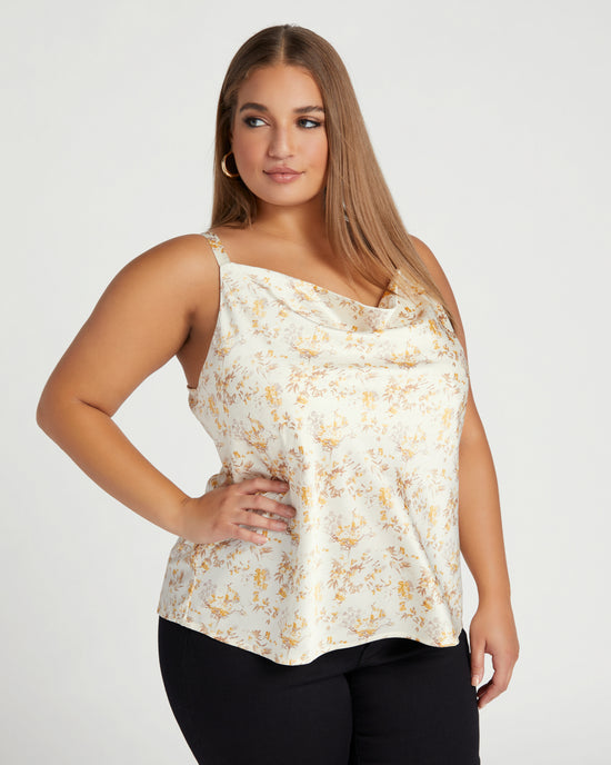 Ivory Yellow $|& Skies Are Blue Floral Print Cowl Tank Top - SOF Front
