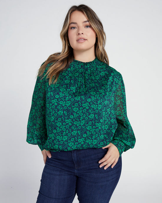 Spearmint-Navy $|& Skies Are Blue Long Sleeve Mock Neck Blouse - SOF Front