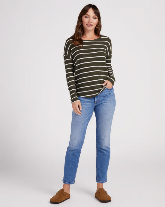 Olive/White $|& Natural Life Striped Brushed Intermingle Hacci Long Sleeve Top - SOF Full Front