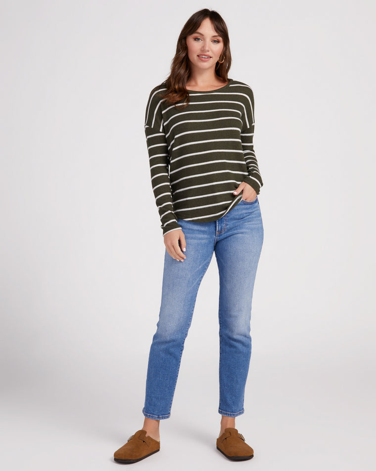 Olive/White $|& Natural Life Striped Brushed Intermingle Hacci Long Sleeve Top - SOF Full Front
