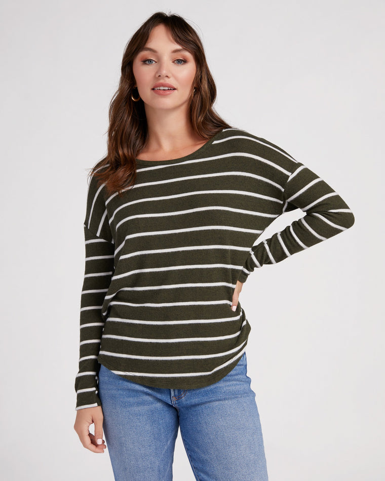 Olive/White $|& Natural Life Striped Brushed Intermingle Hacci Long Sleeve Top - SOF Front