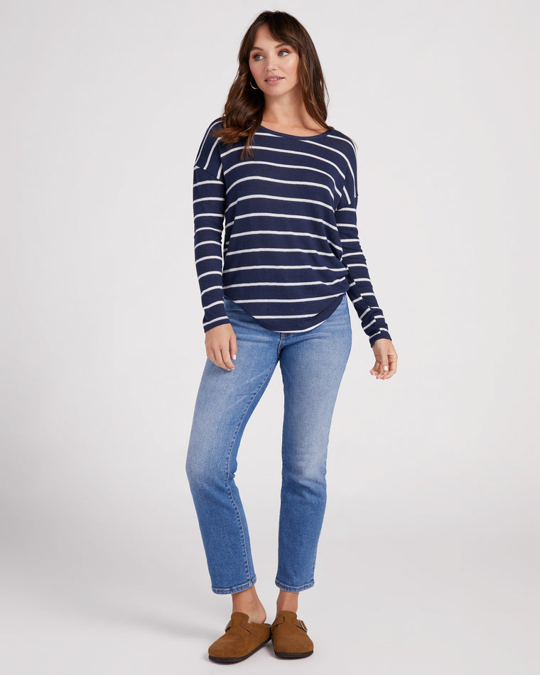 Navy/White $|& Natural Life Striped Brushed Intermingle Hacci Long Sleeve Top - SOF Full Front