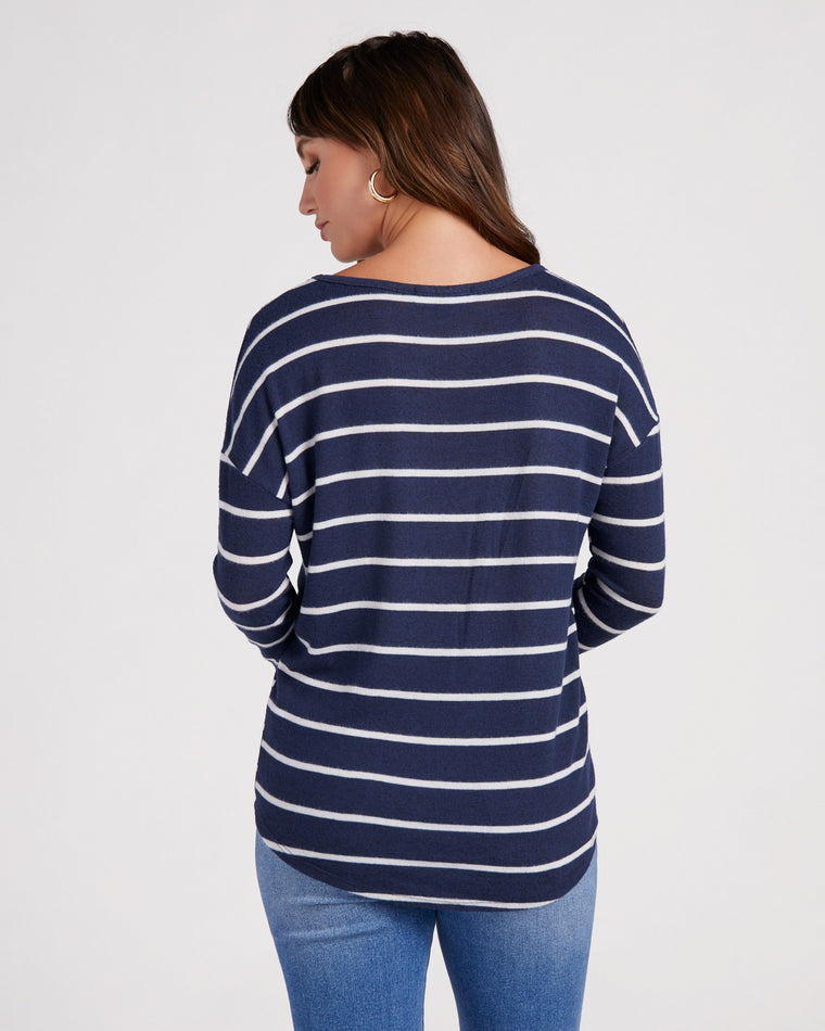 Navy/White $|& Natural Life Striped Brushed Intermingle Hacci Long Sleeve Top - SOF Back