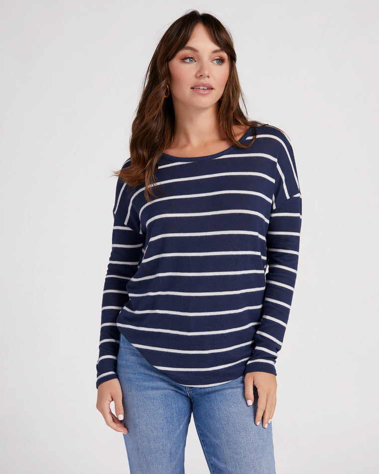 Navy/White $|& Natural Life Striped Brushed Intermingle Hacci Long Sleeve Top - SOF Front