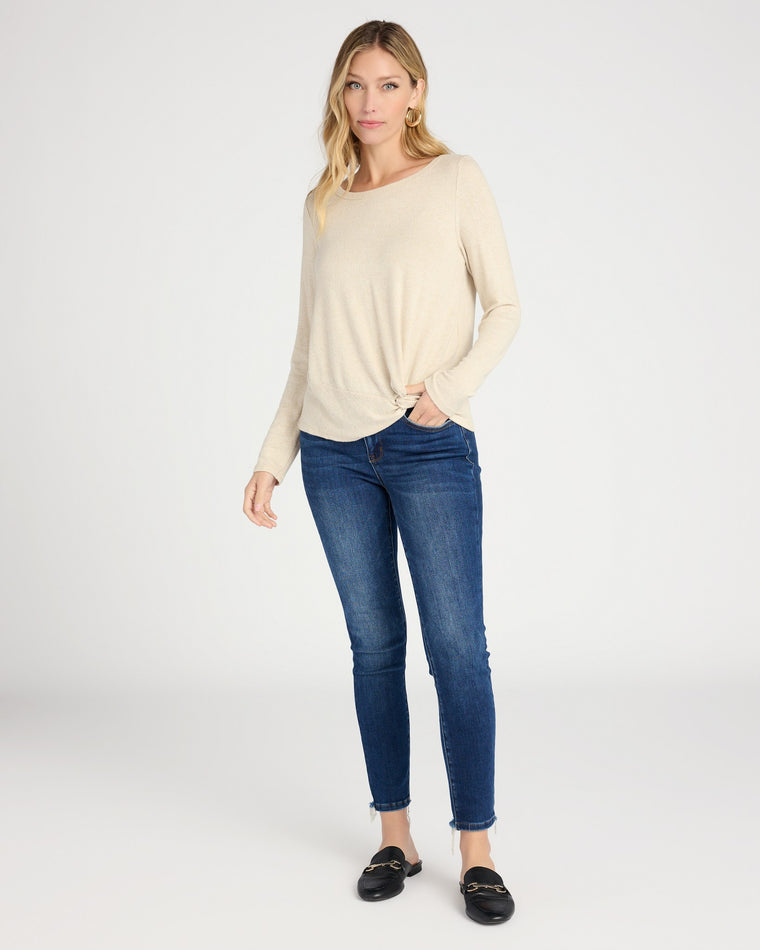 Oatmeal $|& Natural Life Solid Brushed Intermingle Hacci Long Sleeve Twist Side - SOF Full Front