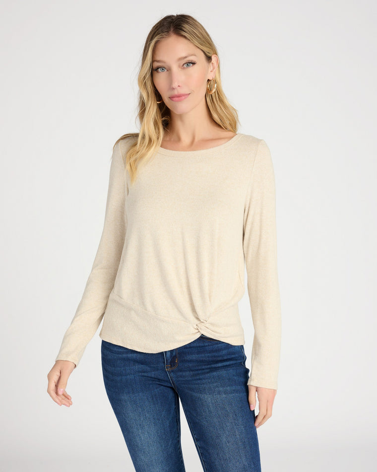 Oatmeal $|& Natural Life Solid Brushed Intermingle Hacci Long Sleeve Twist Side - SOF Front