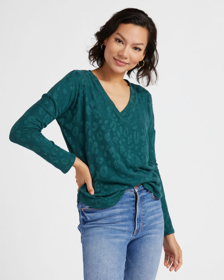 Hunter Green $|& W. by Wantable Jaquard Animal Print V-Neck Long Sleeve Top - SOF Front