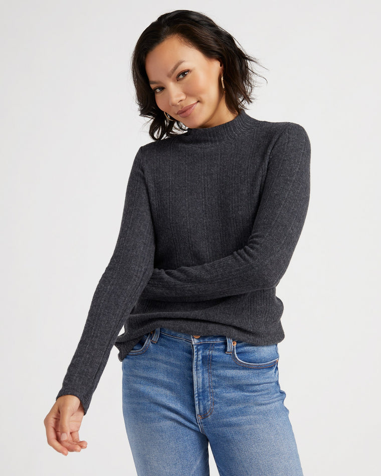 Charcoal $|& W. by Wantable Ribbed Brushed Long Sleeve Mockneck Top - SOF Front