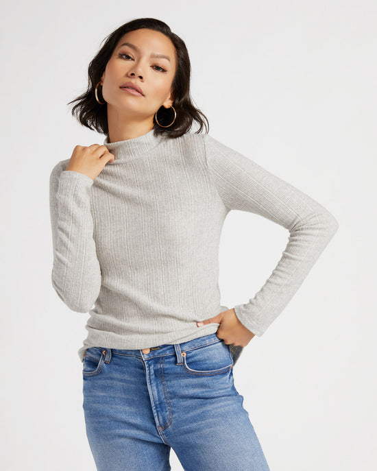 Heather Grey $|& W. by Wantable Ribbed Brushed Long Sleeve Mockneck Top - SOF Front