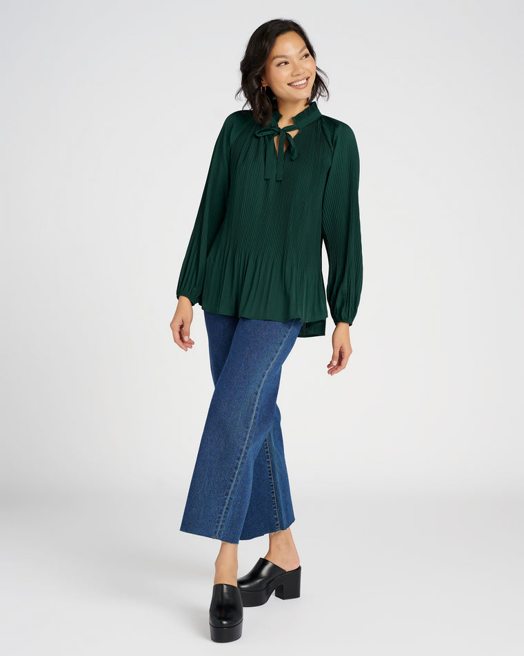 Emerald $|& Papillon Permanent Pleated Long Sleeve Blouse with Tie Neck - SOF Full Front