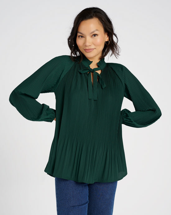 Emerald $|& Papillon Permanent Pleated Long Sleeve Blouse with Tie Neck - SOF Front