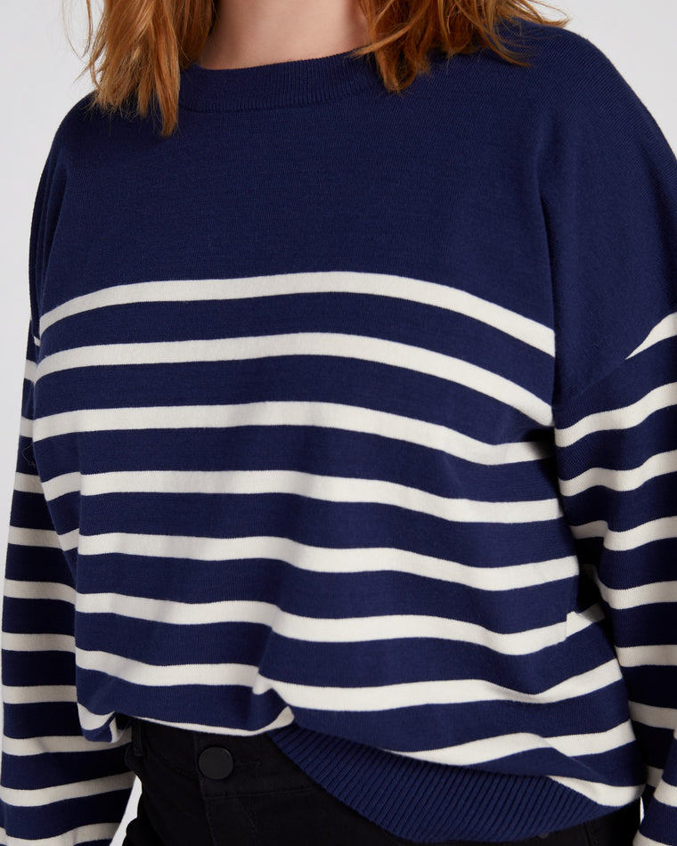 Navy $|& Vanilla Bay Stripe Long Sleeve Crew Neck Sweater - SOF Detail