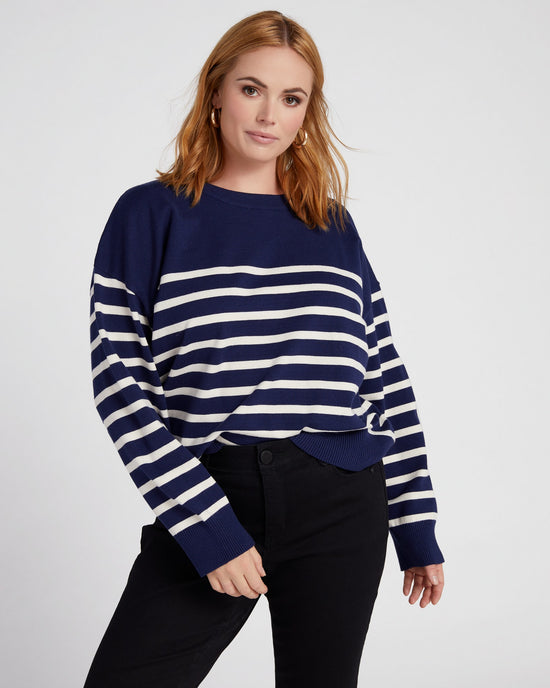 Navy $|& Vanilla Bay Stripe Long Sleeve Crew Neck Sweater - SOF Front
