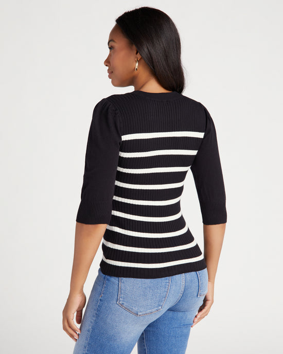 Cream/Black $|& Jaclyn Smith Puff Sleeve Stripe Cozy Pullover - SOF Back