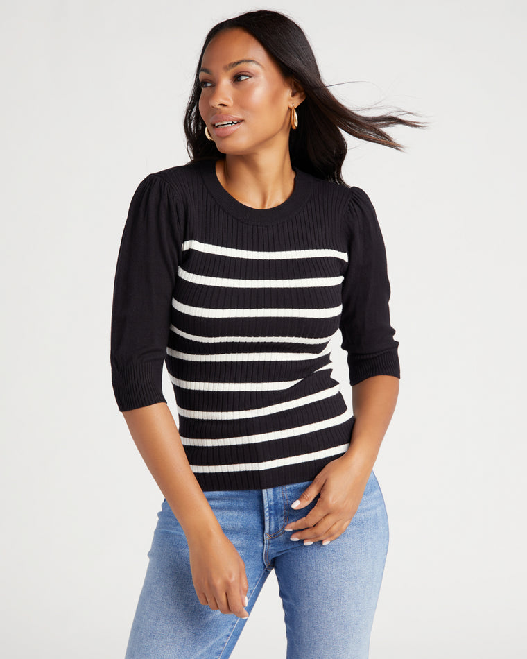 Cream/Black $|& Jaclyn Smith Puff Sleeve Stripe Cozy Pullover - SOF Front