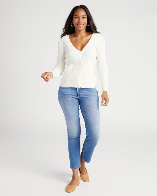 White $|& Jaclyn Smith V-Neck Ribbed Button Down Cardigan - SOF Full Front