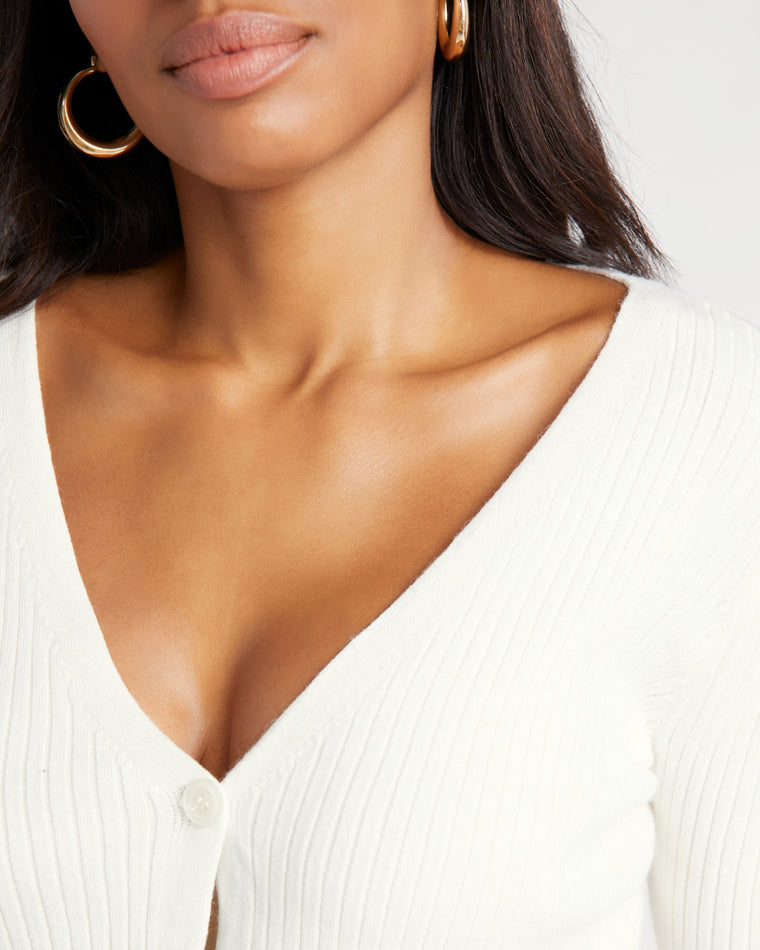 White $|& Jaclyn Smith V-Neck Ribbed Button Down Cardigan - SOF Detail