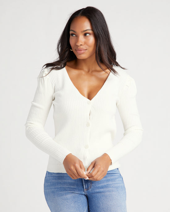 White $|& Jaclyn Smith V-Neck Ribbed Button Down Cardigan - SOF Front