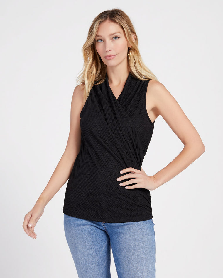 Black $|& Loveappella Sleeveless Wrap Front Crinkle Knit Top - SOF Front