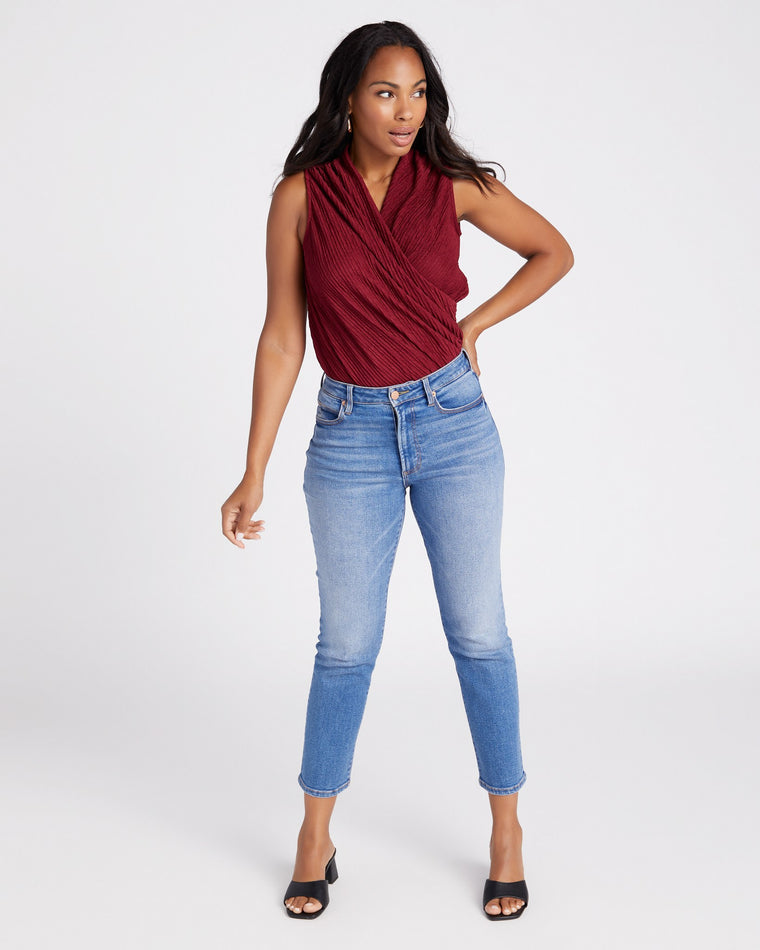 Burgundy $|& Loveappella Sleeveless Wrap Front Crinkle Knit Top - SOF Full Front