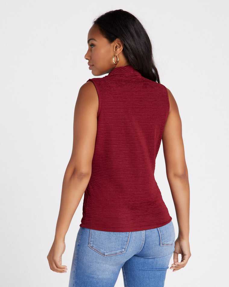Burgundy $|& Loveappella Sleeveless Wrap Front Crinkle Knit Top - SOF Back