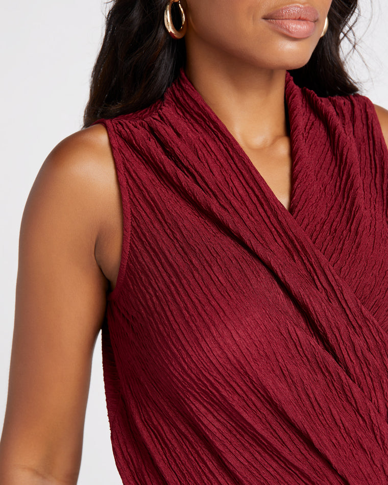 Burgundy $|& Loveappella Sleeveless Wrap Front Crinkle Knit Top - SOF Detail