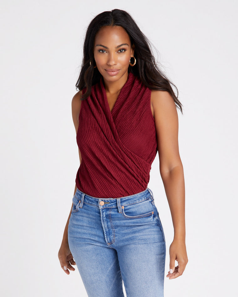 Burgundy $|& Loveappella Sleeveless Wrap Front Crinkle Knit Top - SOF Front