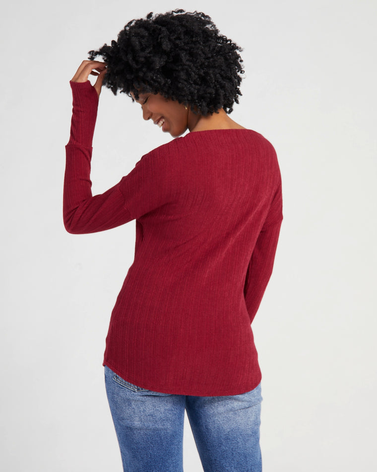 Burgundy $|& Loveappella Long Sleeve Boat Neck Ribbed Knit Top - SOF Back