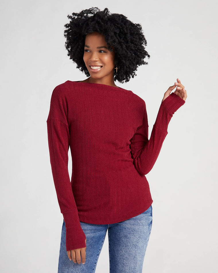 Burgundy $|& Loveappella Long Sleeve Boat Neck Ribbed Knit Top - SOF Front