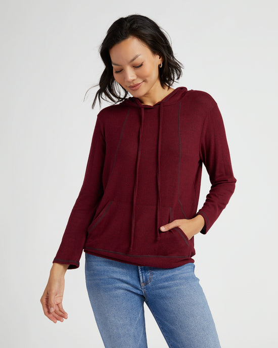Burgundy $|& Loveappella Long Sleeve Hacci Hoodie with Seam Detail - SOF Front