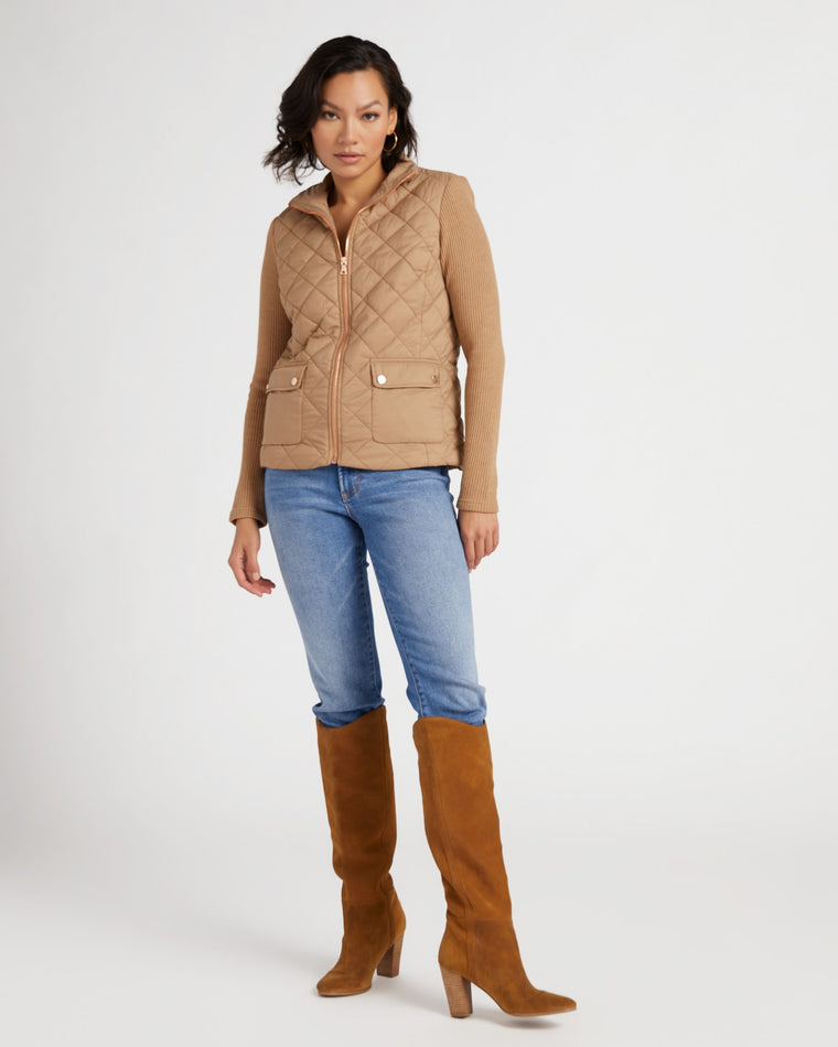 Camel $|& Jaclyn Smith Quilted Zip Jacket with Ribbed Sleeves - SOF Full Front
